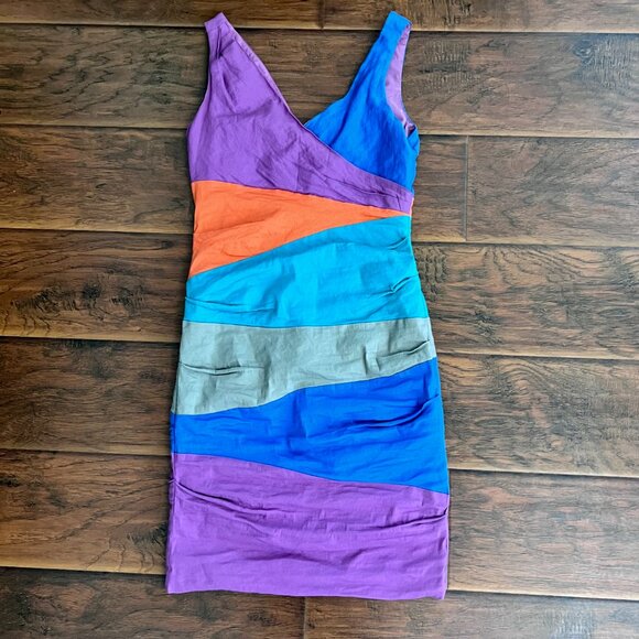 NICOLE MILLER Y2K Colorblock Sleeveless Ruched Bodycon Dress - Picture 2 of 6